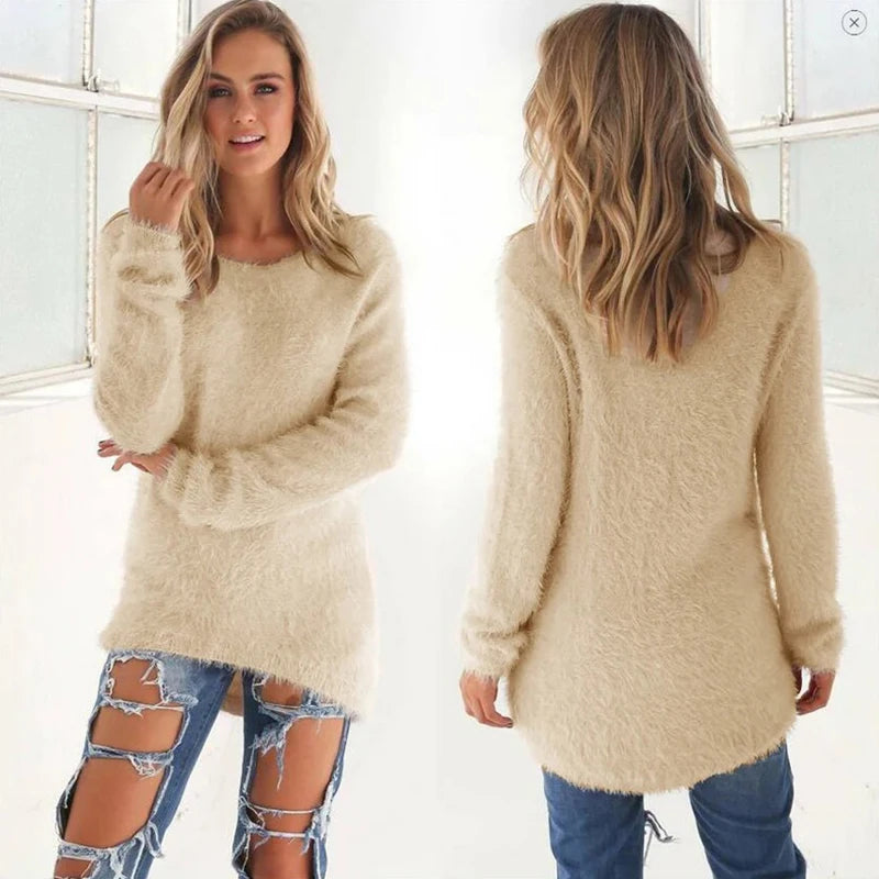 Women Cotton Warm Knitted Sweater Solid Color O Neck Loose Pullover Long Sweater Casual Oversize Blouse Ladies Hipster Clothing