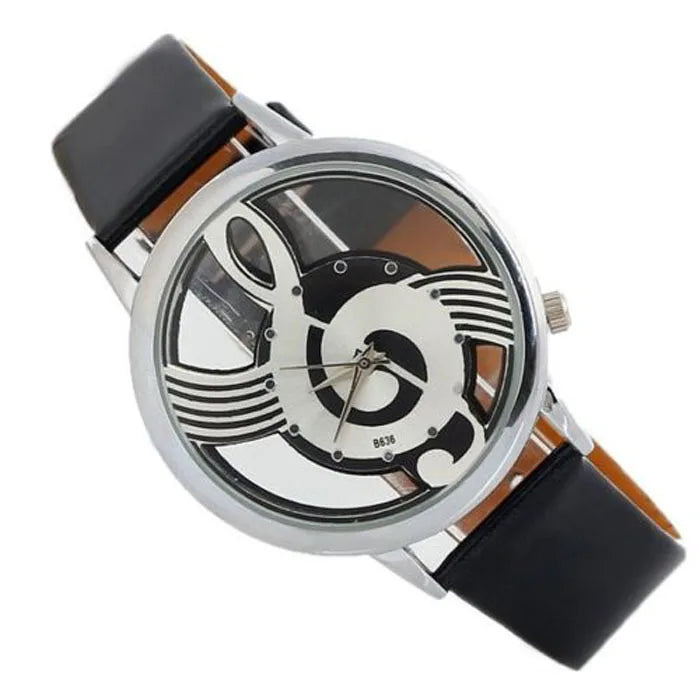 Music Shape Watch Round Dial Elegant Black White Leather Casual Watches Hollow Style Women Fashion Wristwatch