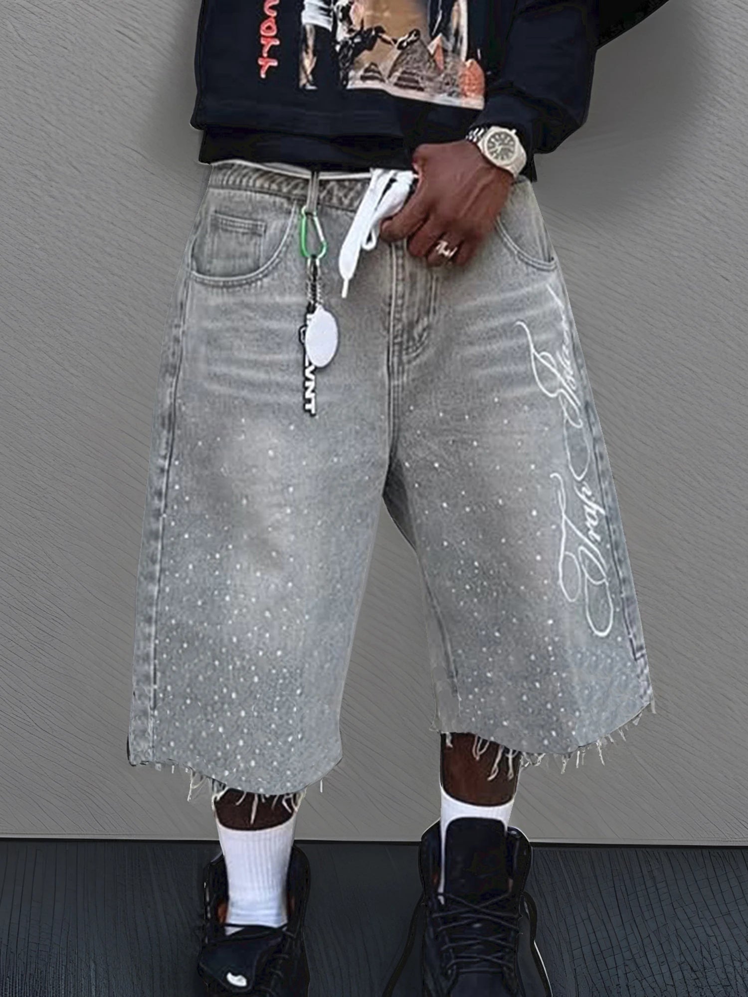 Men s Stylish Knee-Length Denim Shorts with Embroidered Logo and Rhinestone Detailing for Summer Casual Wear