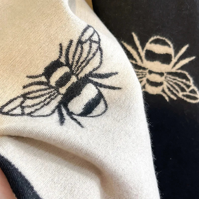 Luxury Brand Two-Sided Bees Scarf Imitation Cashmere Soft Warm Fringe Pashmina Shawl Winter Coldproof Windproof Blanket Scarf