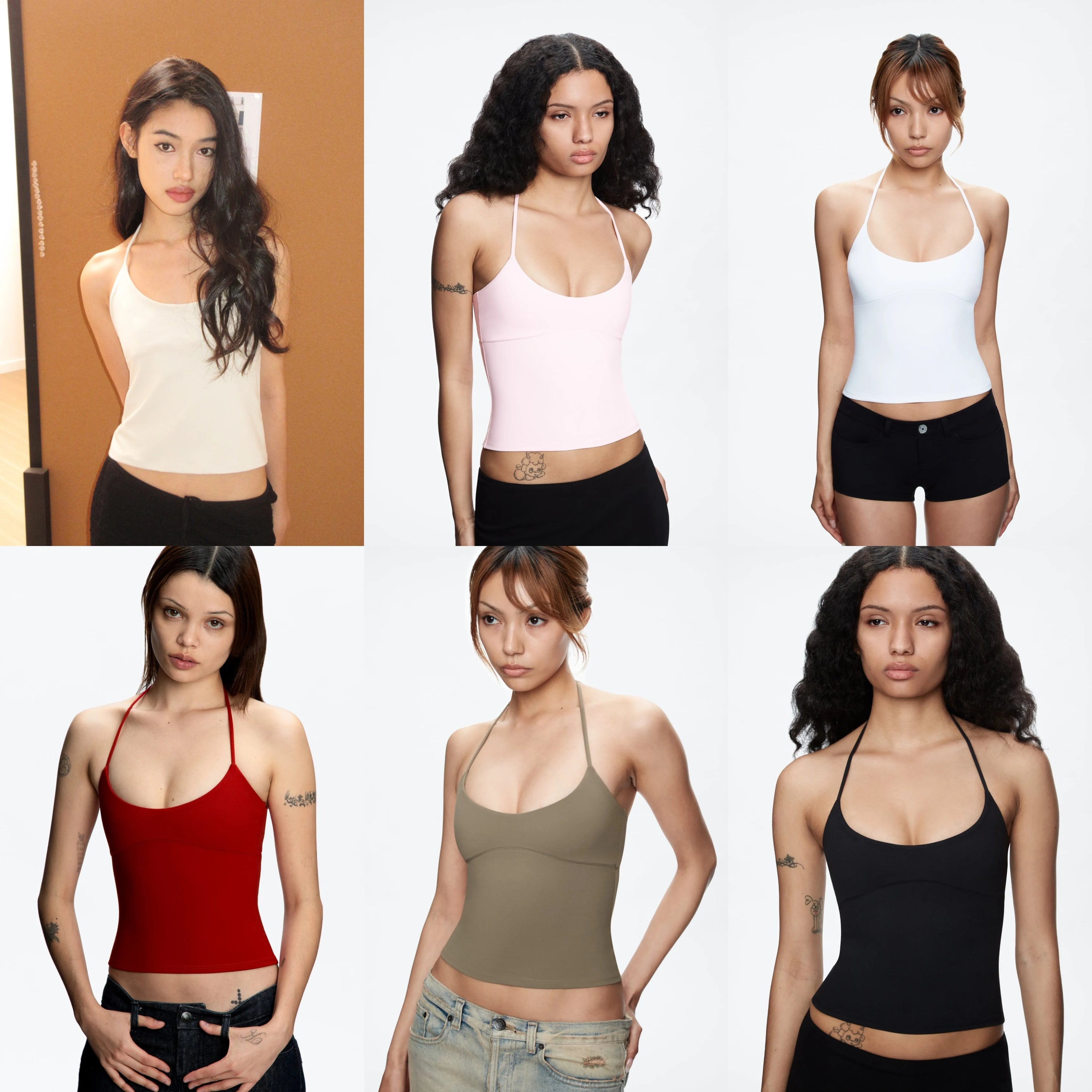 Tank Women's Open-Back Stretchy Camisole Top with Metal Accessories and Self-Tie Shoulder Straps, Low-Neck Sexy Halter Top