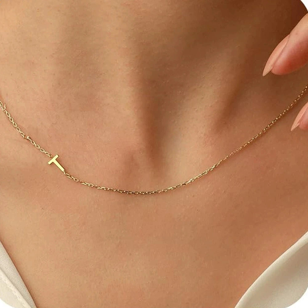 Sideways English Letter Initial Necklace 18K Gold Plated Stainless Steel Necklace Minimalist Initial Pendant Necklace for Women