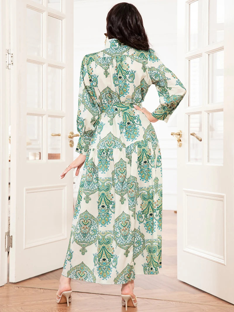 Elegant style High collar Flowers Belt Shirt sleeve Mid Long Dresses Mint green Dresses