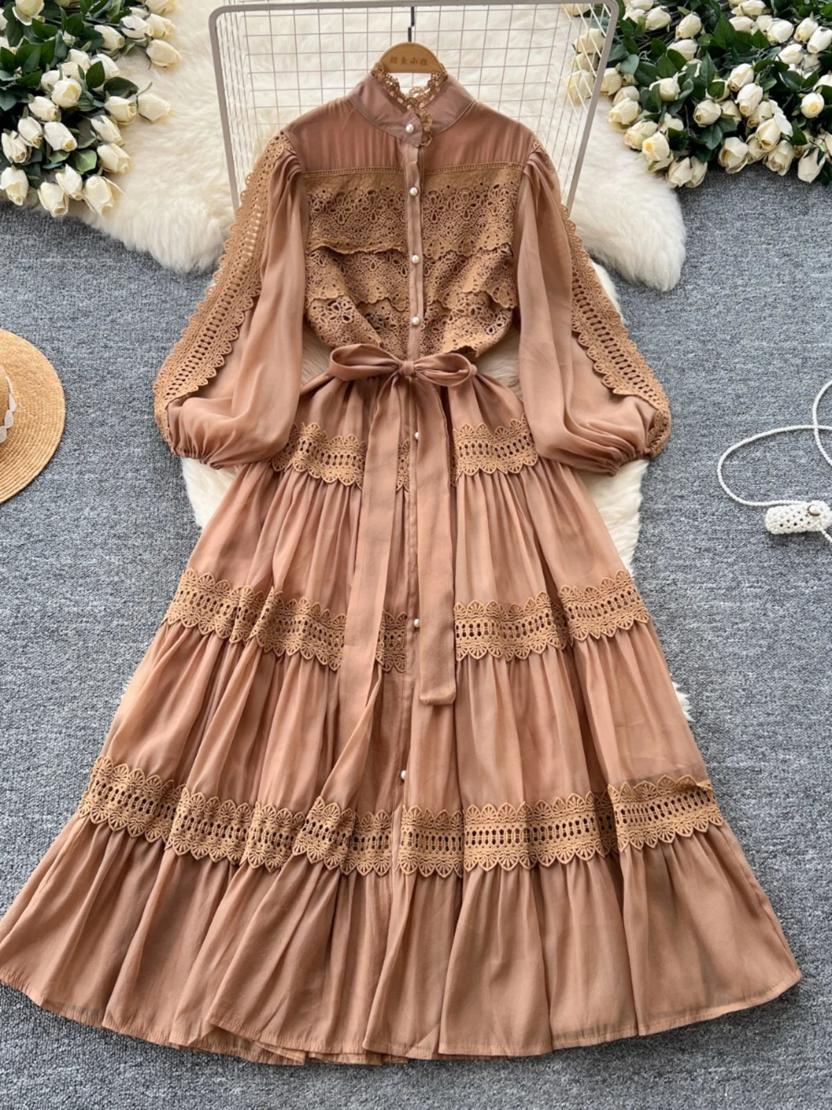 Elegant Hollow Out Organza Long Maxi Dresses Shirt Women Spring Summer Layer Ruffle Full Sleeve Pearl Evening Party Vestidos