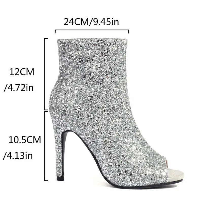 Ochanmeb Glitter Silver Peep Toe Boots Women Thin High-Heeled Open Toe Zipper Golden Sequins Ankle Boot Ladies Party Shoes 34-48