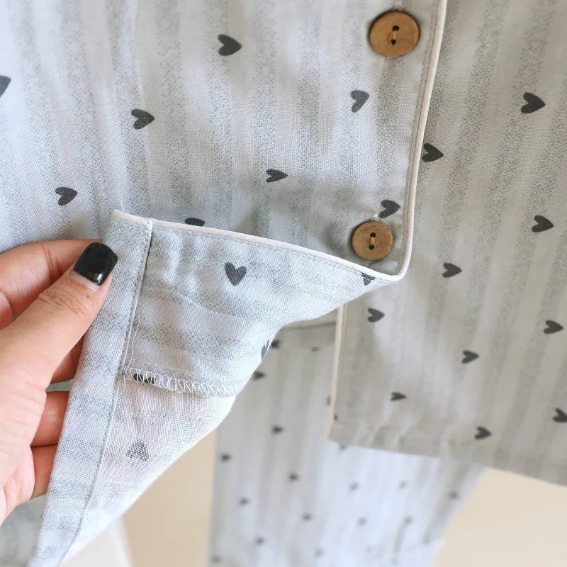 2025 Spring and Autumn Women's Pajama Set 100% Cotton Gauze Vertical Strip Love Long Sleeve Two piece Home Clothing Set