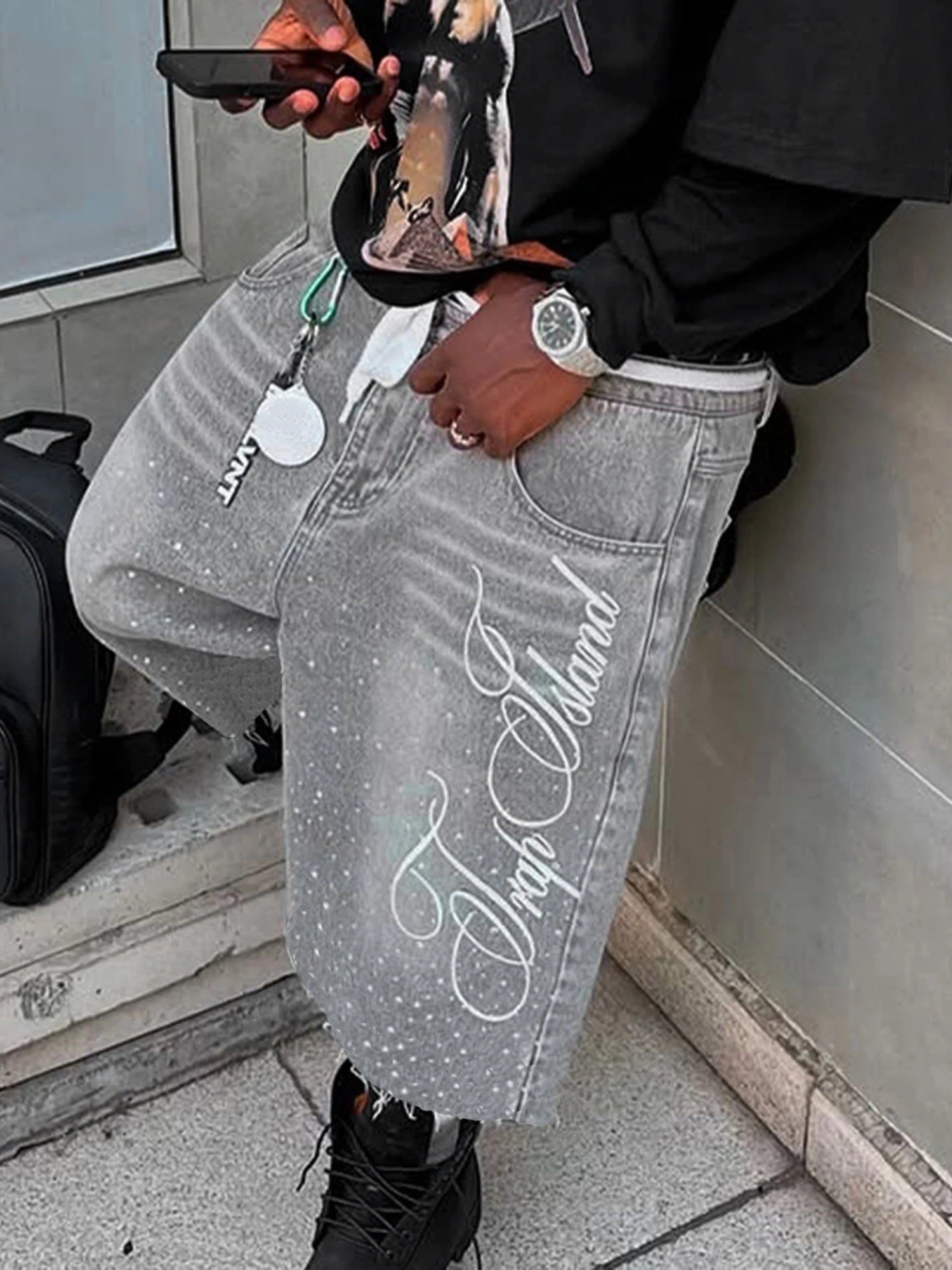 Men s Stylish Knee-Length Denim Shorts with Embroidered Logo and Rhinestone Detailing for Summer Casual Wear