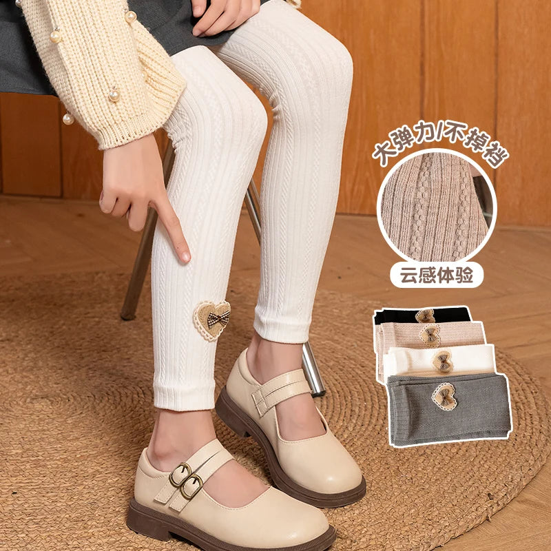 Princess Girl Wavy Cable Knit Cropped Pants With Side Love Bow Heart Lace Trim Tight Soft Comfortable Student Baby Kids Leggings