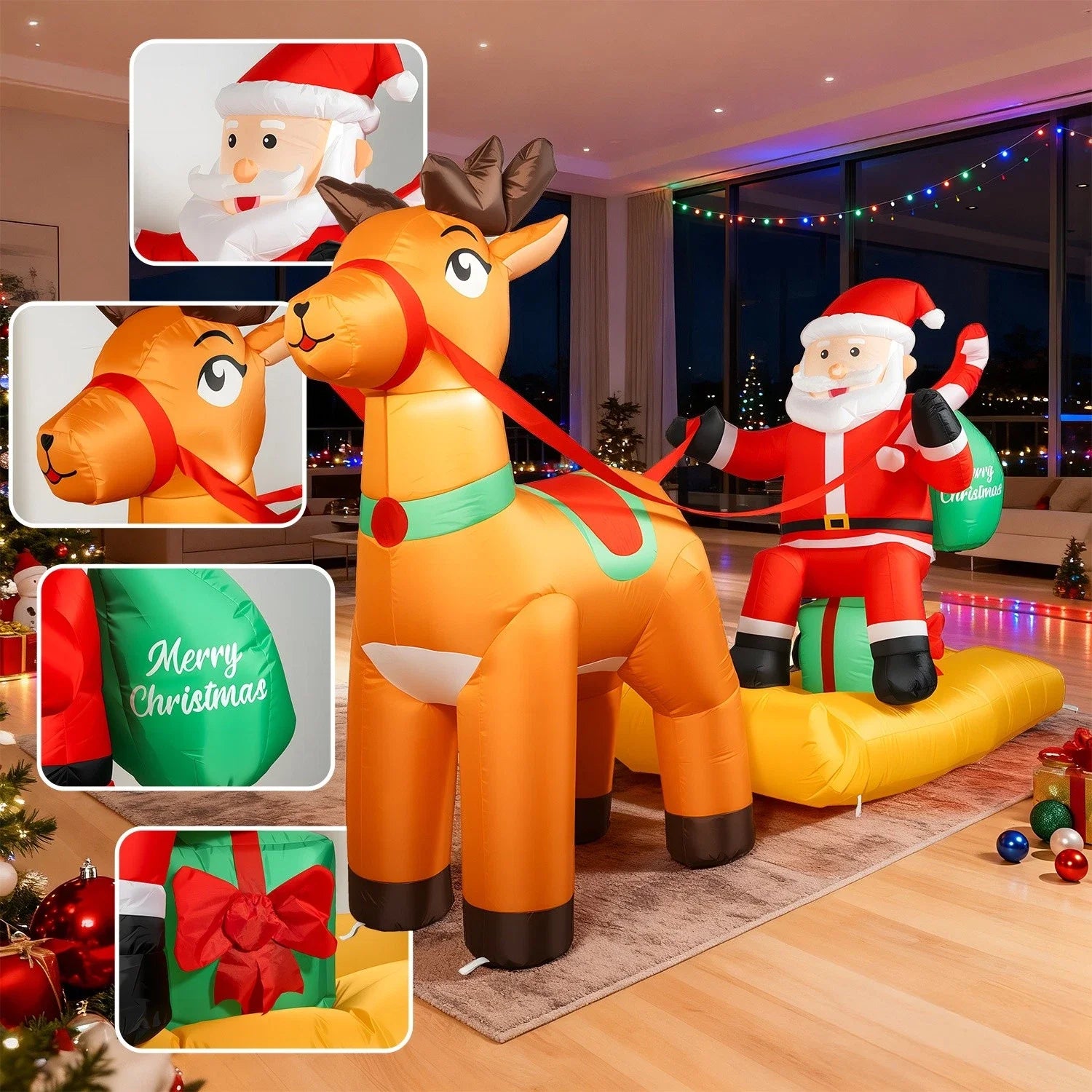 Christmas Inflatable Outdoor Decoration Santa Claus On Sleigh With Reindeer With LED Light Xmas Blow Up Model For Party Yard