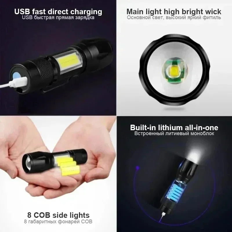 Portable Rechargeable LED Flashlight with Pen Clip Zoomable Waterproof Torch with Side Light Outdoor Camping Emergency Lantern