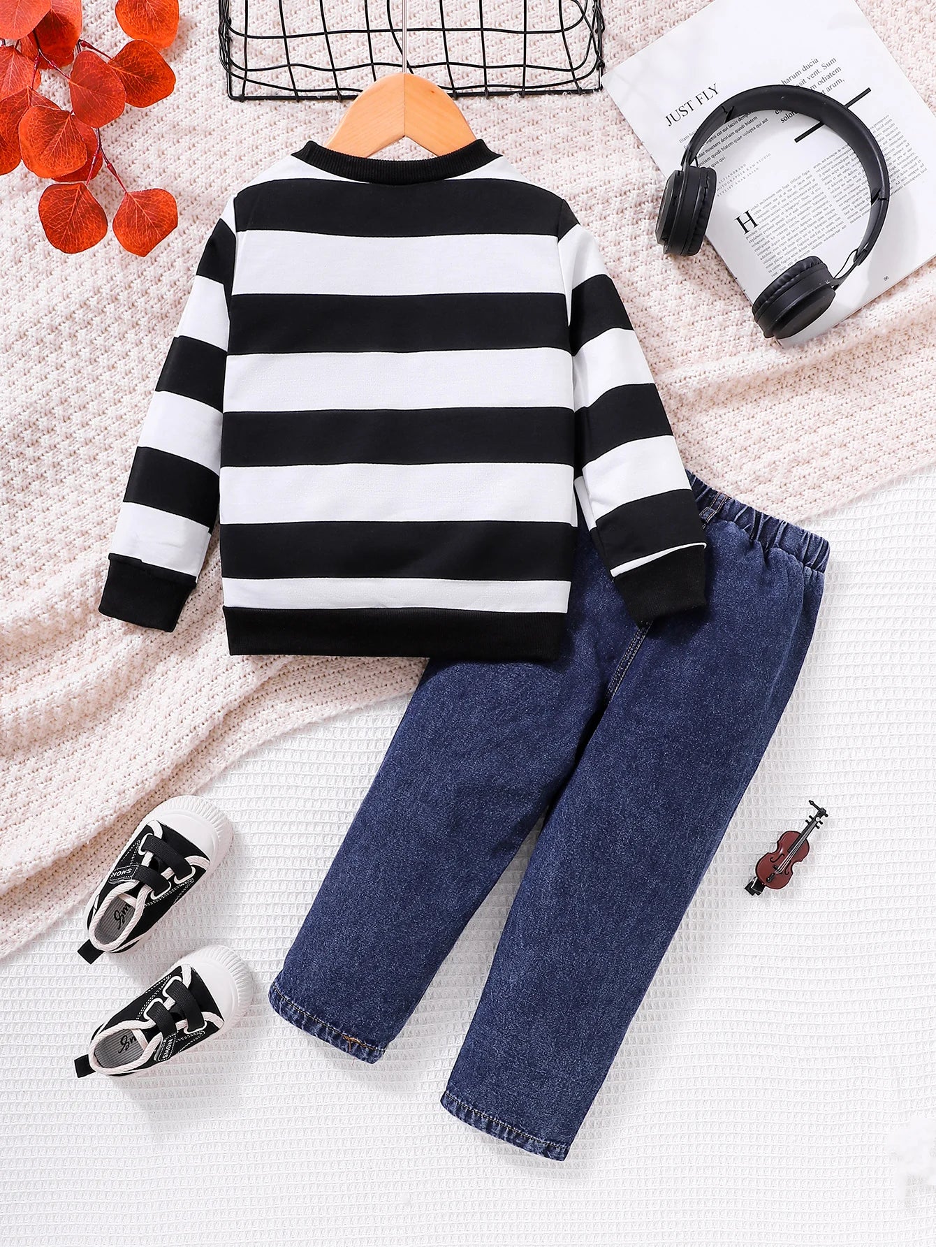 Unisex Kids Casual Striped Note Long Sleeve Top with Denim Pants Two-Piece Set for Boys And Girls