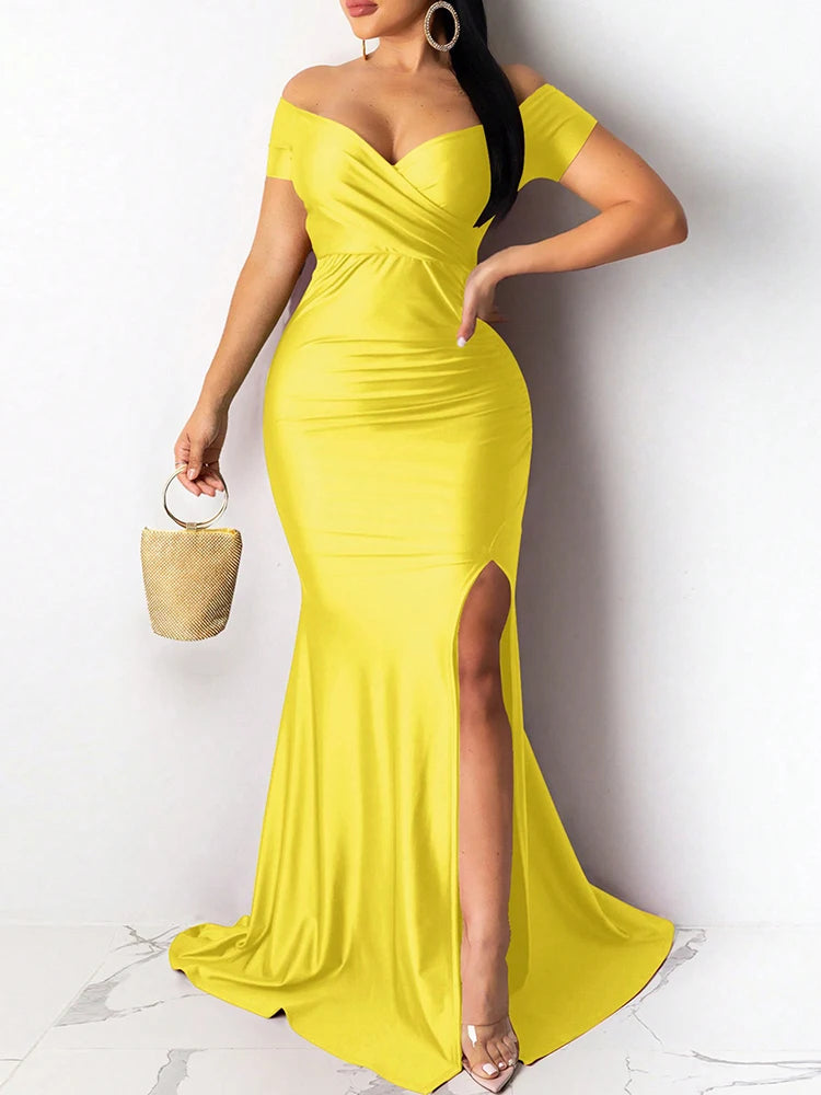 Classic High Slit Evening Dress Women Solid Maxi Long Dresses With Sleeves Wedding Bridesmaid Elegant Party Dresses 2025 Woman