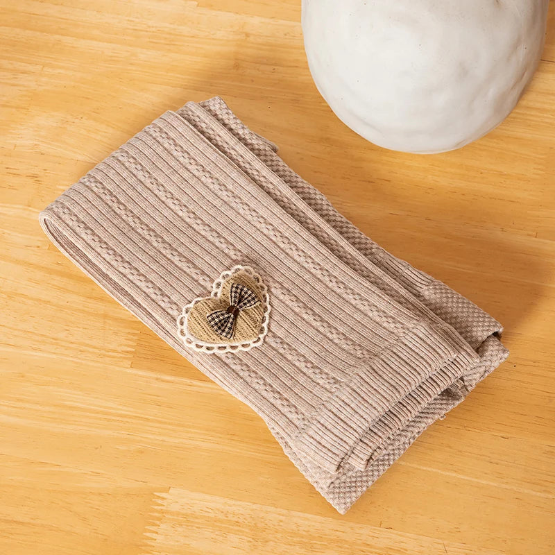 Princess Girl Wavy Cable Knit Cropped Pants With Side Love Bow Heart Lace Trim Tight Soft Comfortable Student Baby Kids Leggings