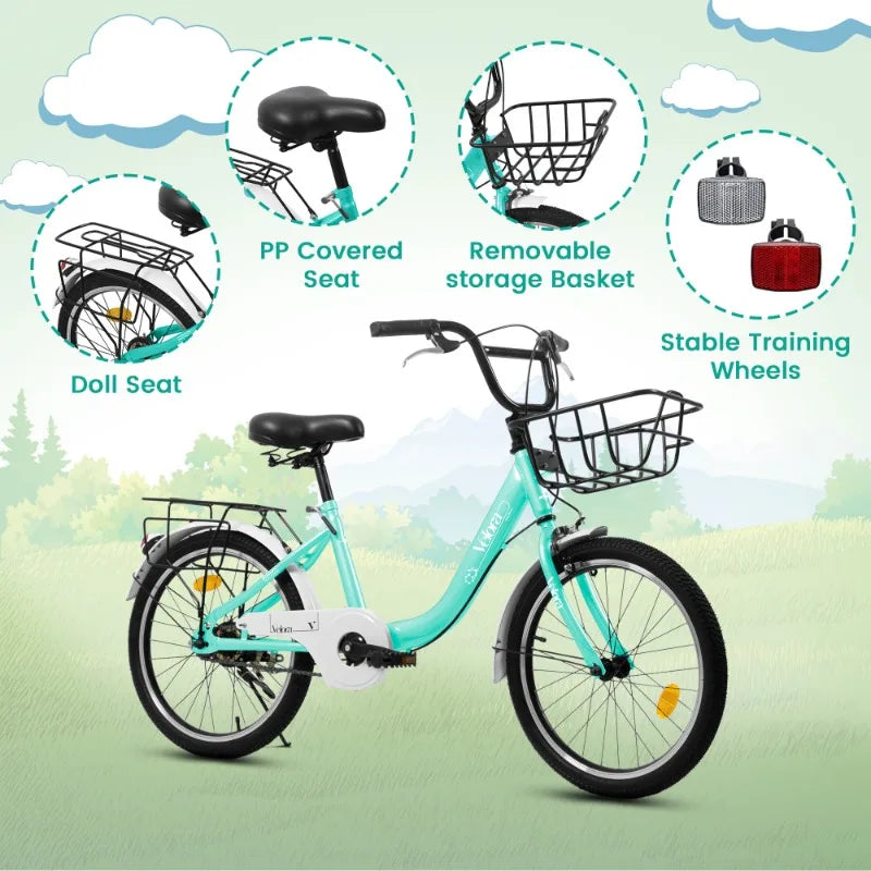 Kids Bike Children Bicycle with Coaster Brake V Brake Chain Guard Rear Rack Lightweight Steel Frame