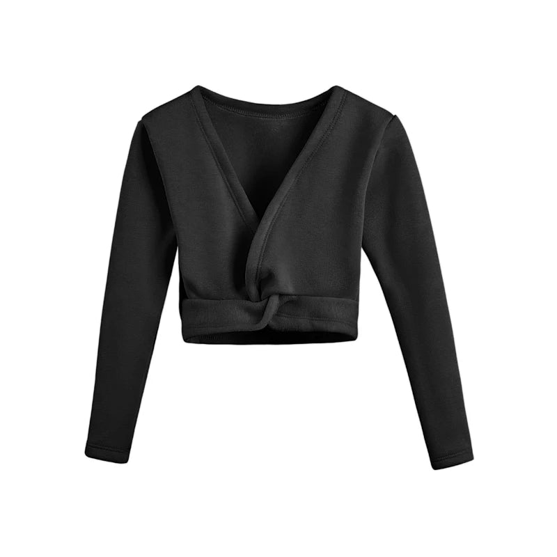 Girls Ballet Wrap Tops Kid Long Sleeve Dance Sweater Velvet Inner Classic V-neck Pullover for Gymnastic Dance Wrap Cardigan Tops
