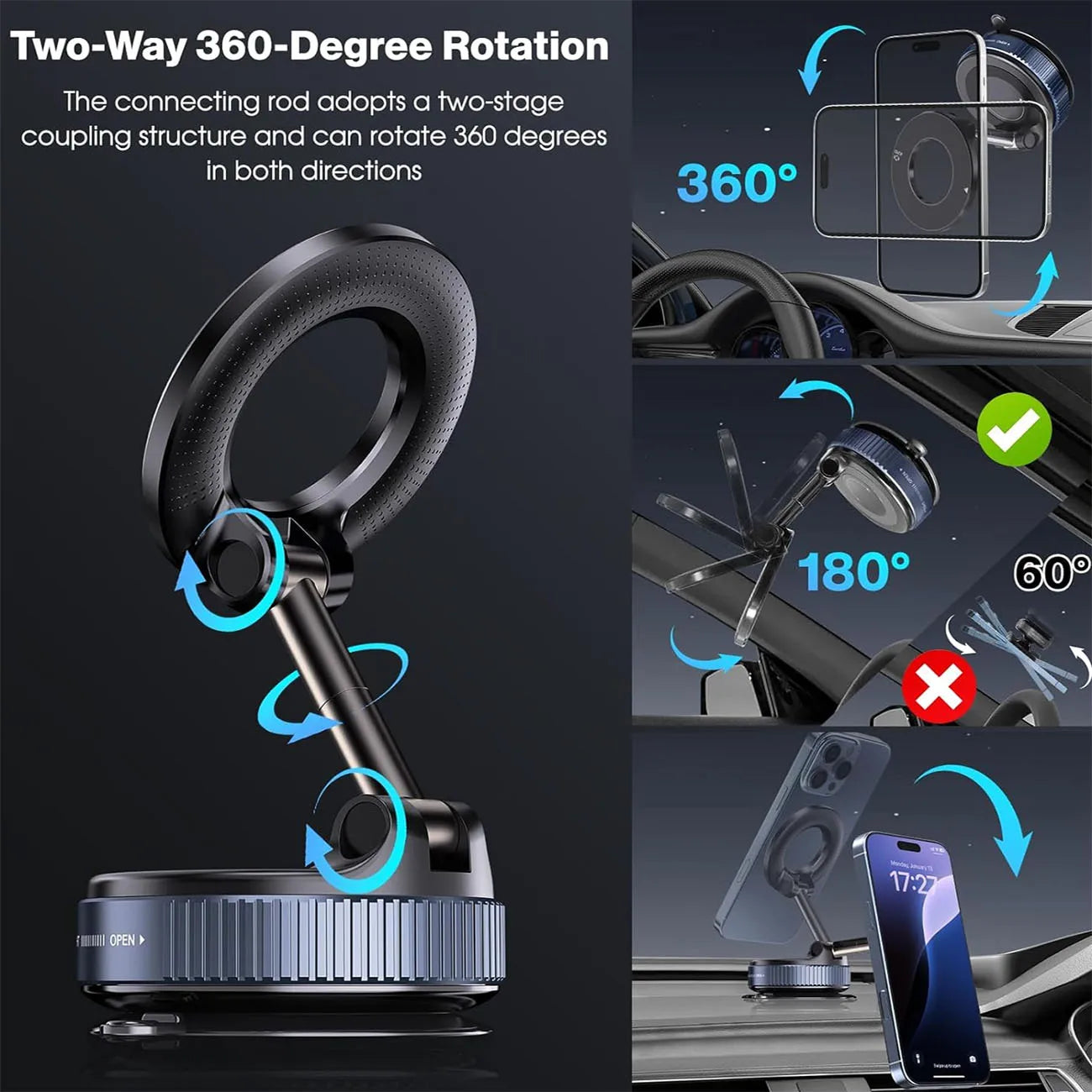 360° Rotatable Vacuum Magnetic Phone Holder, Foldable and Retractable Suction Cup Car Phone Mount for Car/Gym/Mirror/Smooth