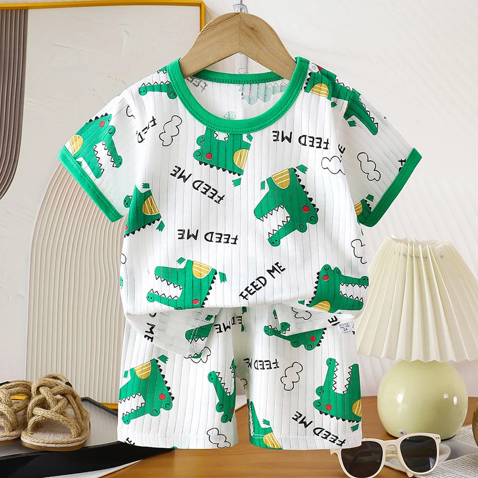 2 Pcs Dinosaur Print T-shirt Set Children's Cartoon Pajamas Sets Boys Kid's Short Sleeve Summer Korean Style Baby Girl Clothes