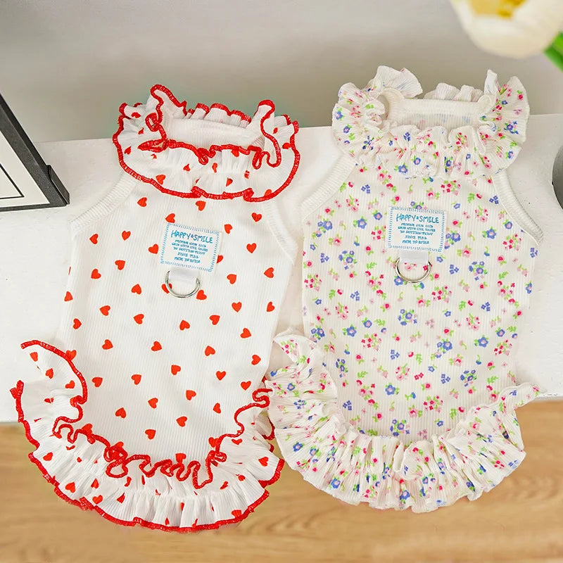 Dog Clothes Summer Floral Costume Lace Dresses For Small Dogs Dachshund Yorkshire Sleeveless Vest Puppy Hoodies Dress Apparel XS