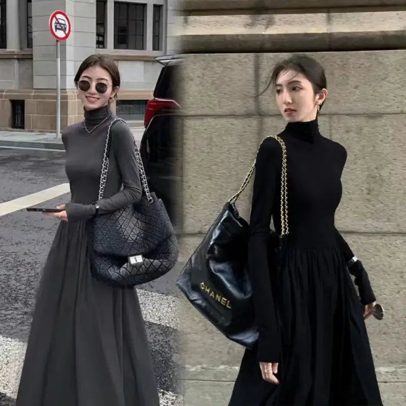 New French Style Temperament Women's High-Grade Black Dress Hepburn Style Gray Turtleneck Dress for Women Autumn Winter DF4964