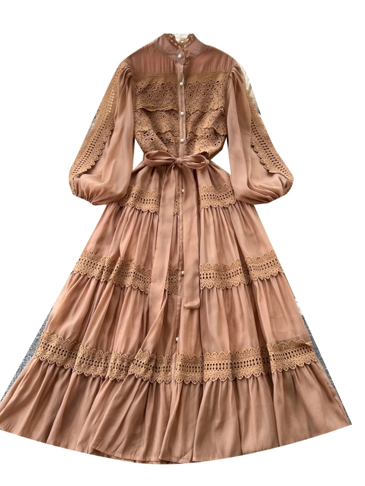 Elegant Hollow Out Organza Long Maxi Dresses Shirt Women Spring Summer Layer Ruffle Full Sleeve Pearl Evening Party Vestidos