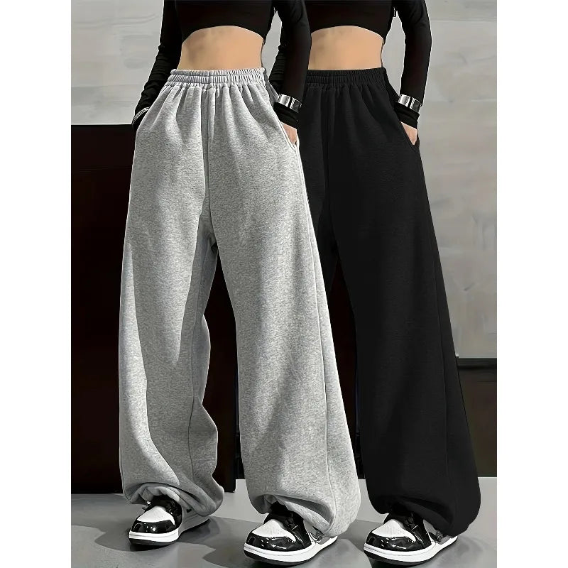 Solid Color Comfortable Wide Leg Pants with Elastic Waist Pocket, Casual Loose Fit for Autumn and Winter