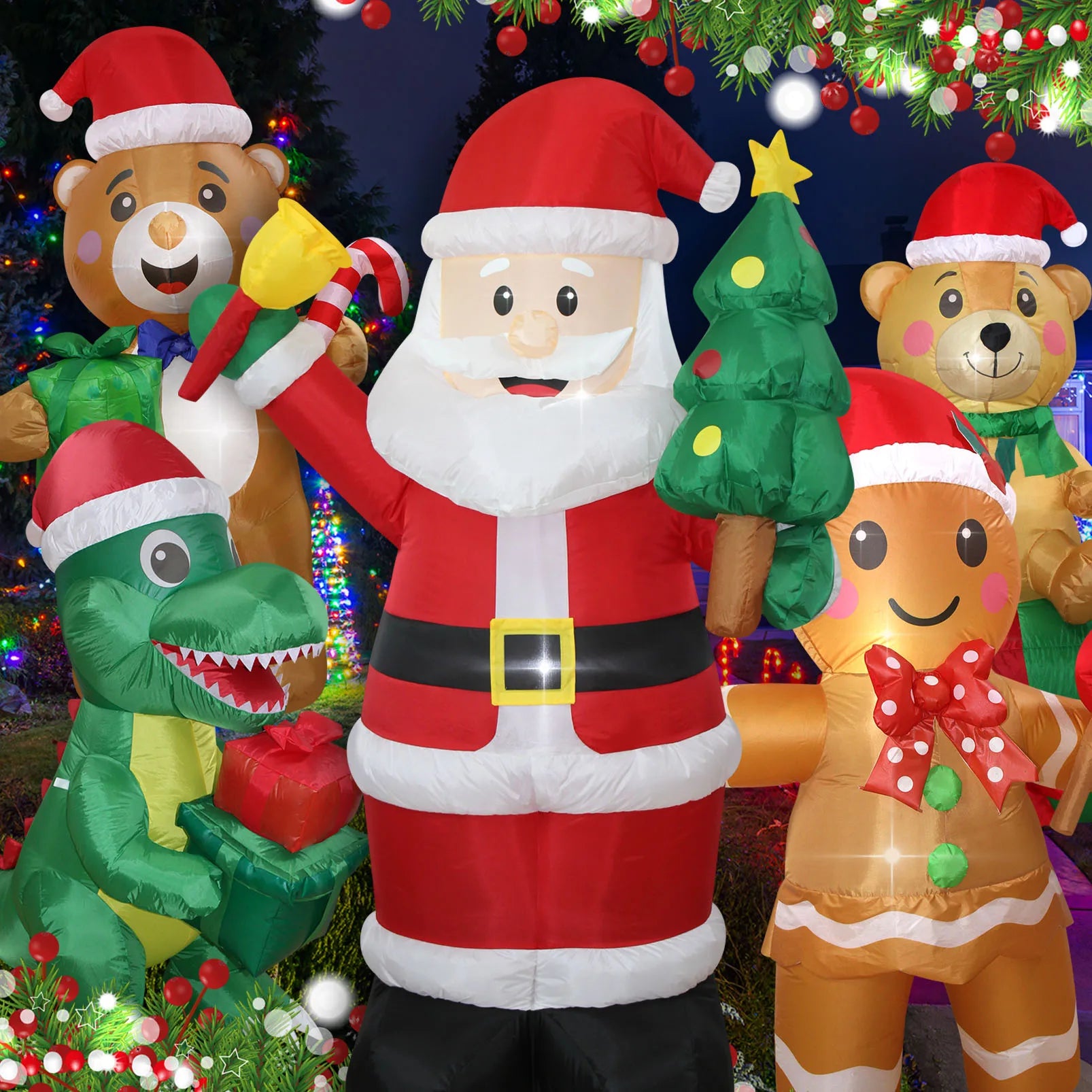 1.5m Christmas Inflatable Santa with Tree LED Lighted Blow Up Outdoor Yard Lawn Decoration for Home Garden Winter Holiday Party