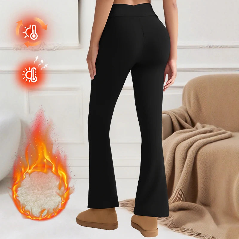 Women's Fleece-Lined Flare Pant Cross-Waist Design Thickened Winter Warm High-Waisted Tummy Control Lifting Leggings Casual Wear