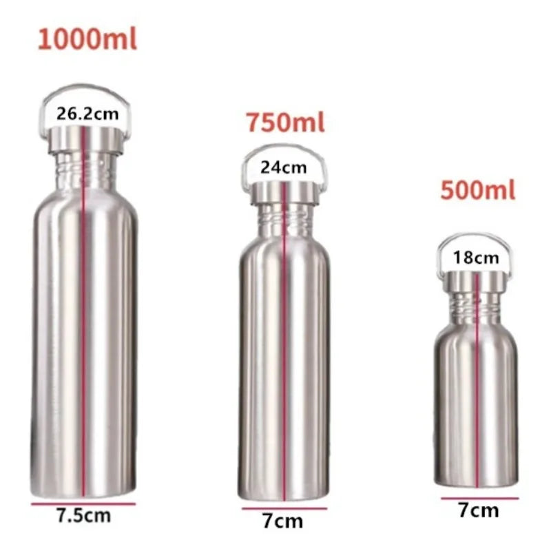 500/750/1000ml Stainless Steel Water Bottle Single Wall Large Capacity Big Mouth Vacuum Flasks with Lid Cycling Drinkware Sports
