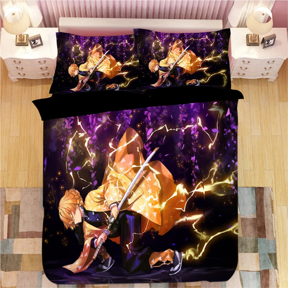 Demon Slayer Bedding Sets Cartoon Comforter Bed Linen Boys Kids Single Double Size Soft Bedclothes Home Decor Anime Duvet Covers