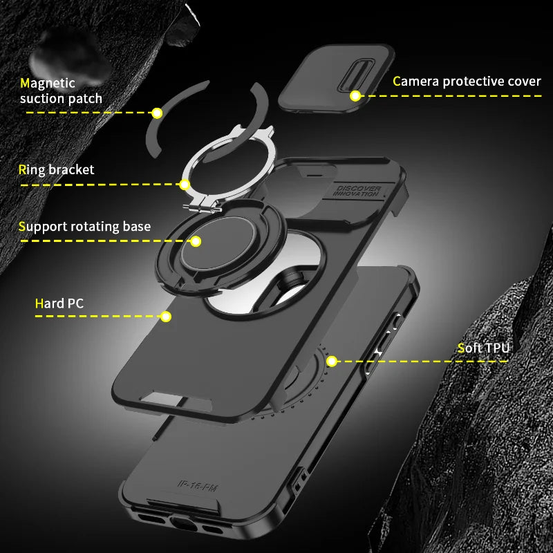 Luxury Heavy Duty Rugged Armor Magnetic Bracket Case For iPhone 16 15 14 13 12 11 Pro Max Plus Slide Camera Protection PC Cover