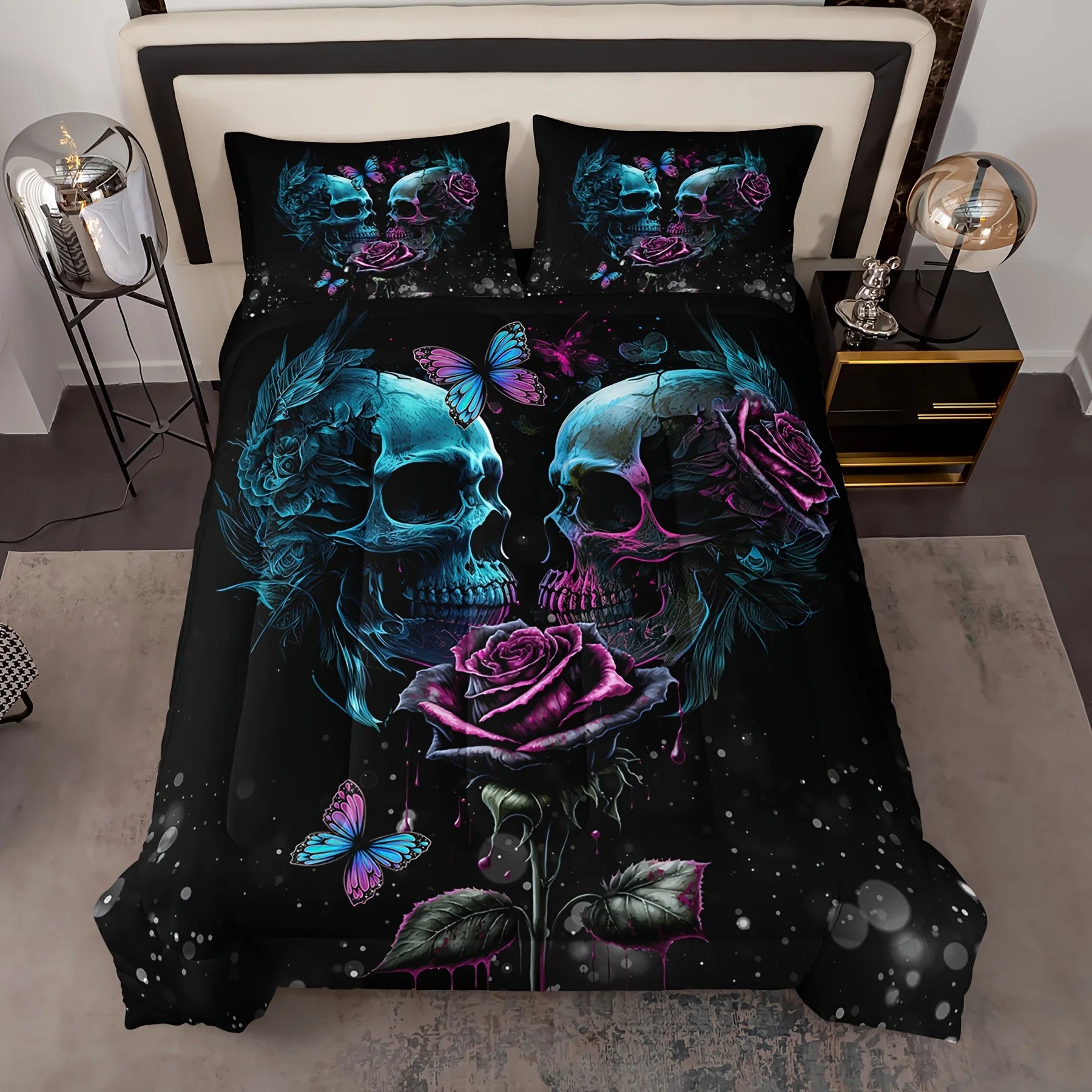 3pcs Skull Bedding Set Queen Size, Goth Bedding Sets Queen Skull Comforter Set, Rose Comforter Halloween Skull cover