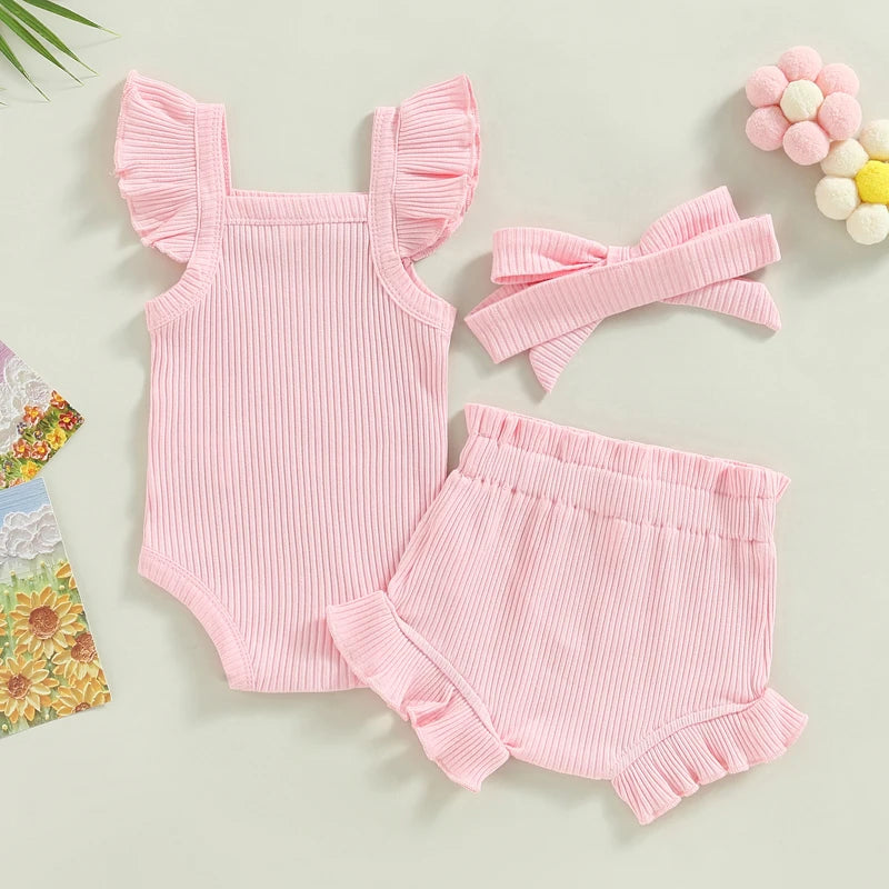 Newborn Baby Girl Clothes Summer Outfit Ruffle Sleeveless Knit Romper Top Bloomer Shorts Set