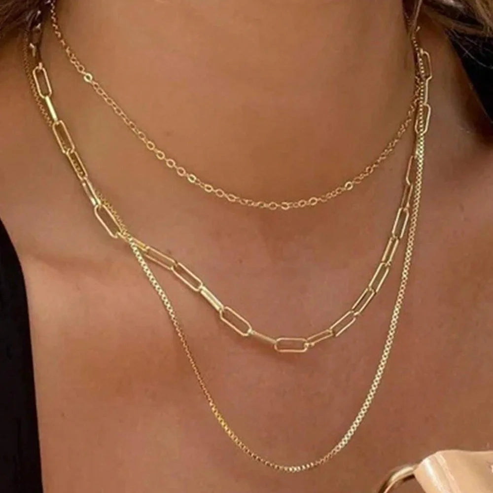 DGIDDK Stainless Steel Chain Triple Necklace Set Versatile Fashion Hollowing Can Be Stacked Wear Personalized Female Jewelry