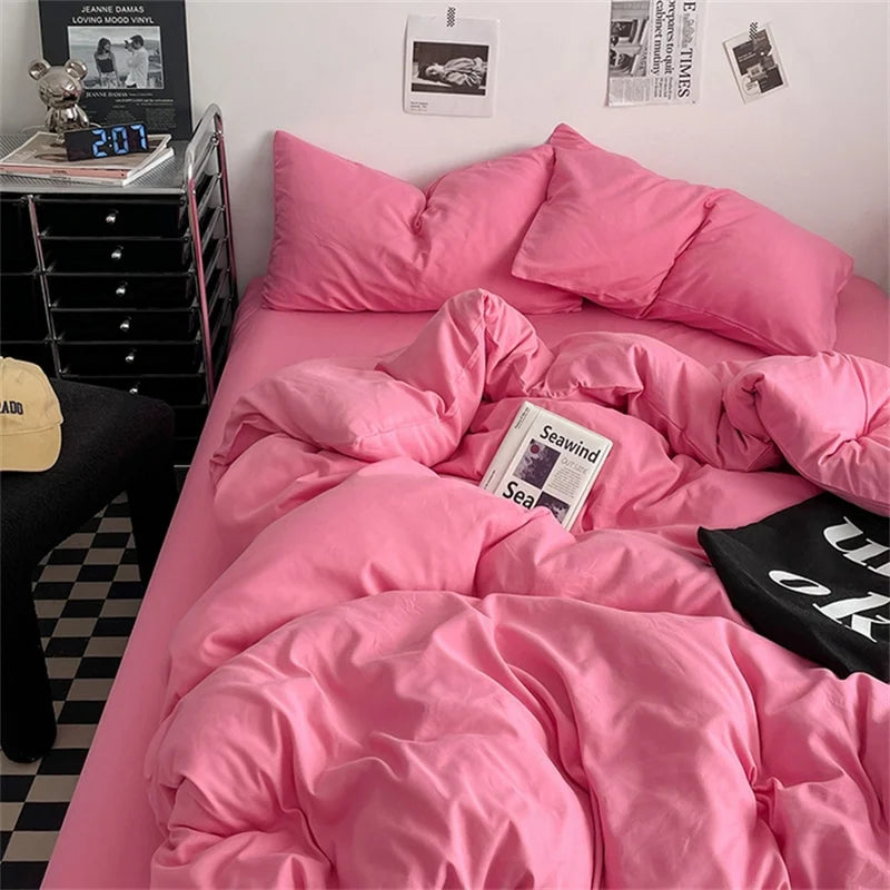 100% Cotton Bed Linen Bedding Set Washed Cotton Four Pieces Bed Sheet Set Comforter Sets Dolid Double Couple Bed Quilt Cover