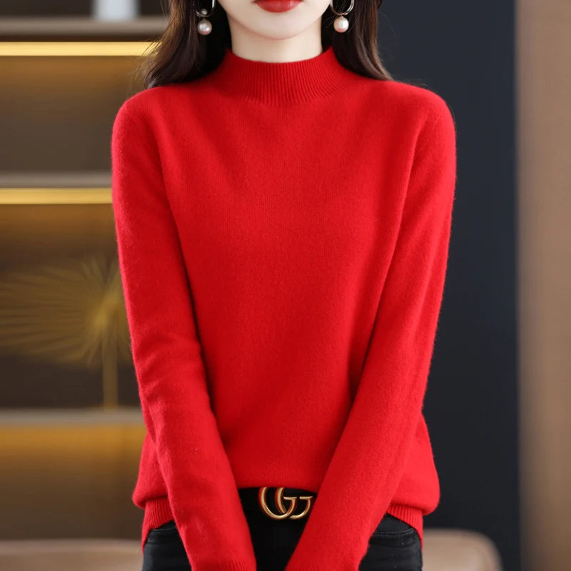 New Fashion Autumn And Winter Pure Wool Sweater Top Women's Semi-Turtleneck Solid Color Long-Sleeved Fashion Pullover Sweater101