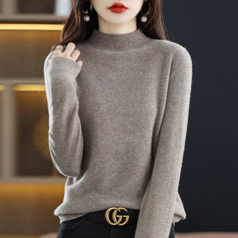 New Fashion Autumn And Winter Pure Wool Sweater Top Women's Semi-Turtleneck Solid Color Long-Sleeved Fashion Pullover Sweater101