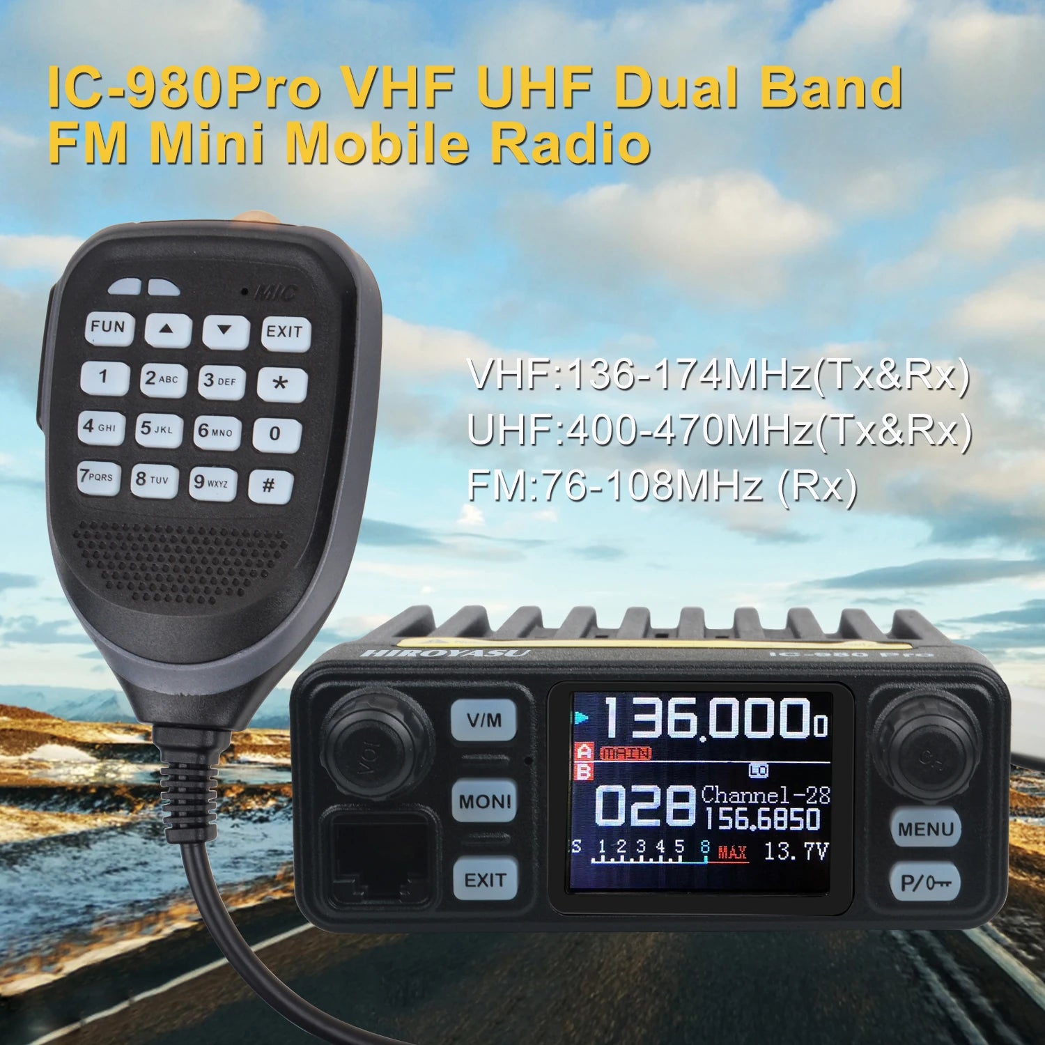 HIROYASU Walkie Talkie IC-980 Pro UHF VHF Dual Band 25W AI Noise Reduction FM Scrambler Vox Mini Mobile Radio IC-980Pro
