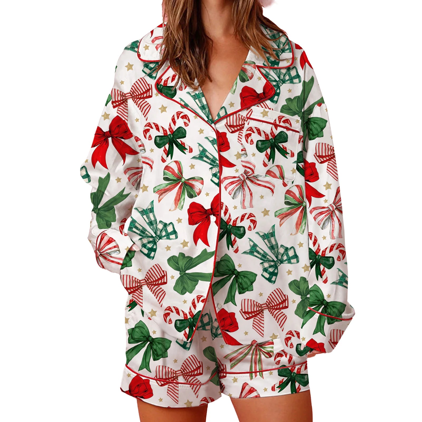 Women s Festive Holiday Pajama Set with Long Sleeve Lapel Shirt and Wide Leg Shorts in Christmas Print Sleepwear Collection