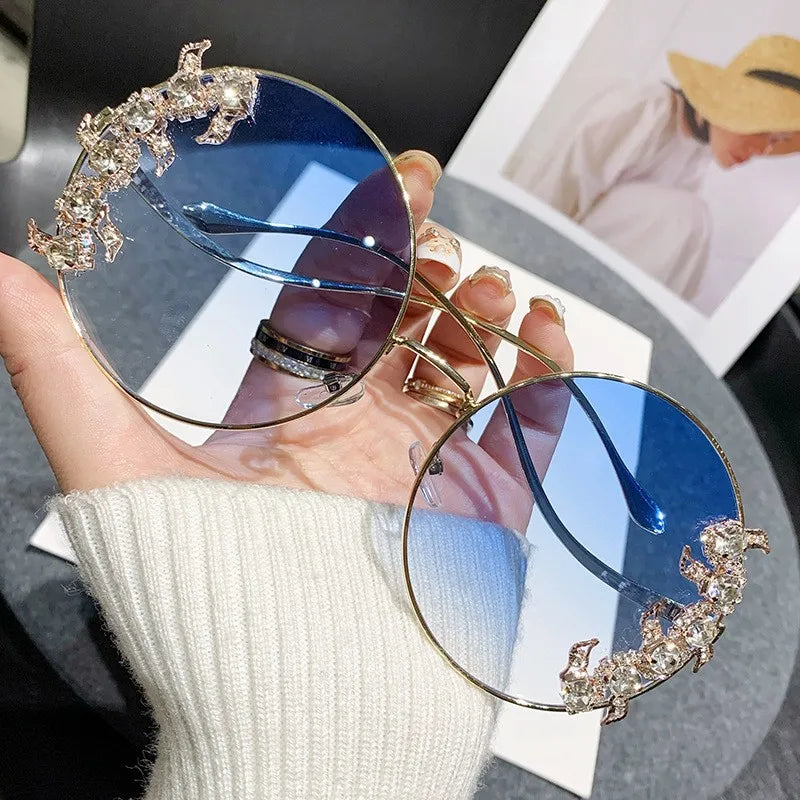 New Style Frameless Cut-edge Diamond Sunglasses With Wave Design, Temple Glasses, Fashionable Round Rhinestone Sunglasses