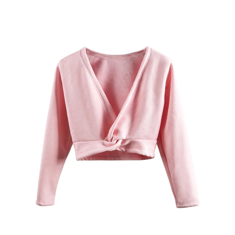 Girls Ballet Wrap Tops Kid Long Sleeve Dance Sweater Velvet Inner Classic V-neck Pullover for Gymnastic Dance Wrap Cardigan Tops