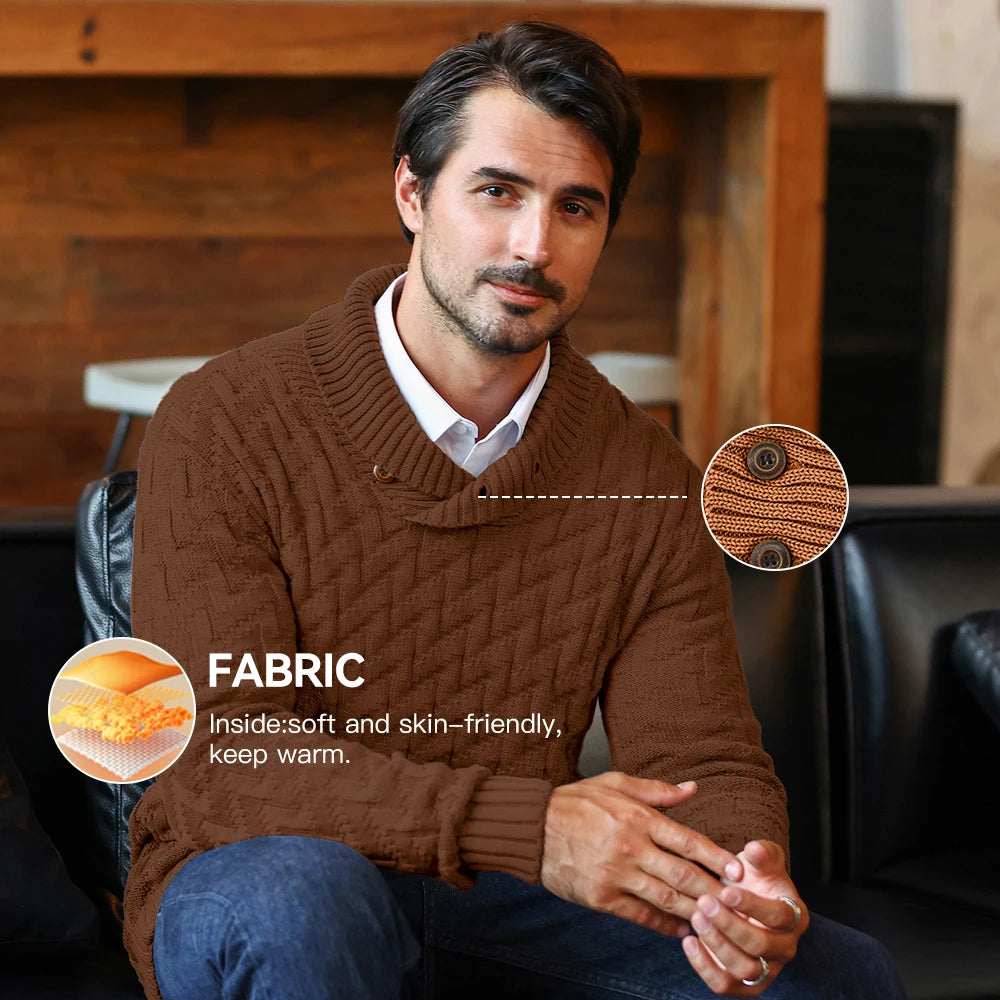 Men's Sweater Winter Shawl Collar Pullover Sweater Casual Cable Knit Button Sweaters Woolen Solid Color Tops US Size