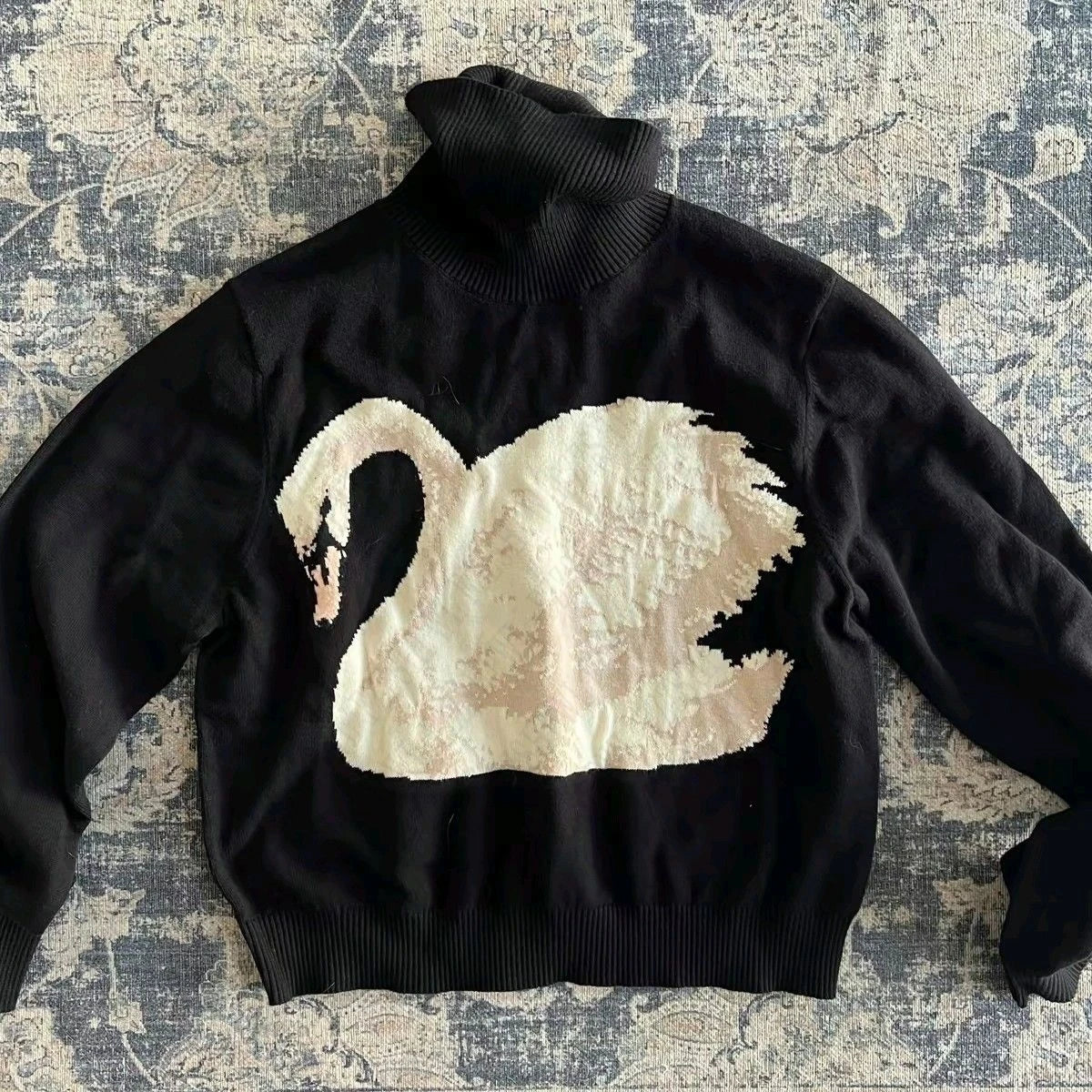 Black Swan Graphic Print Women Sweet Cute Turtleneck Knitted Sweater Y2K Style Winter Harajuku High Street Casual Warm Pullover