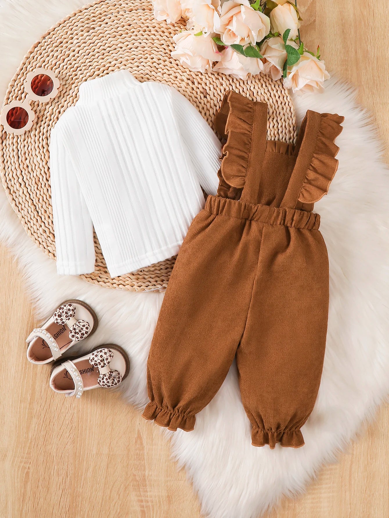 Winter  0-2  Years  Old  Infant  Baby  Girls  Long  Sleeved  Top  And  Strap  Pants  2 -Piece   Set