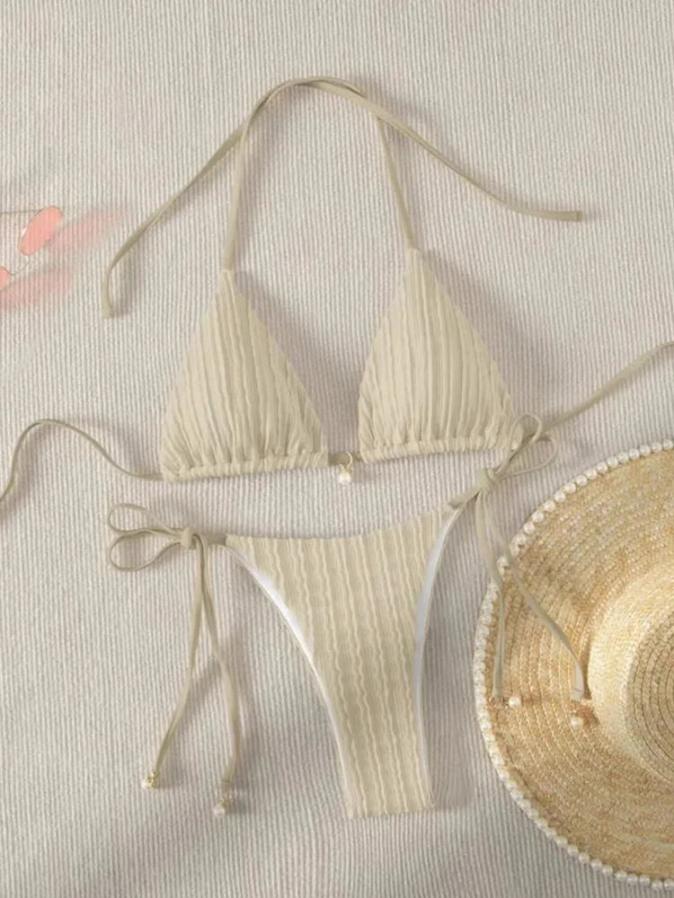 Vzvn 2025 New Summer Swimwear Bikinis Set Sexy Backless Bikini 2 Pieces Set Women Laced Up Solid Split Swimsuit Beach Bikini