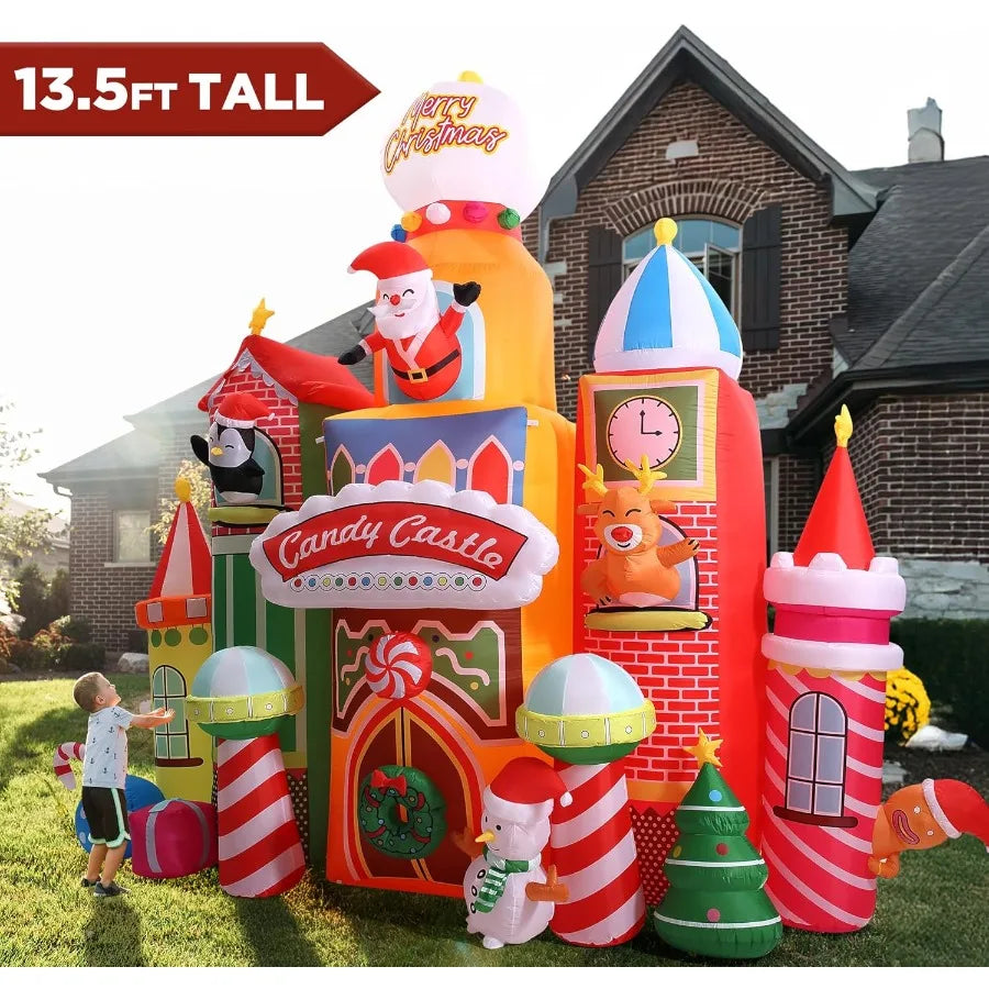 13.5 FT Tall Candy Castle Christmas Inflatables Outdoor Decorations Blow Up Christmas Decorations with Built-in Rotating Light