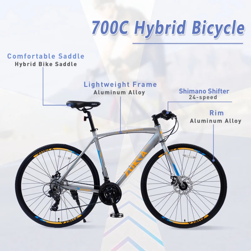 24 Speed Hybrid bike Disc Brake 700C Road Bike For men women City Bicycle Front Rear Disc Brakes Aluminum Rims High Performance