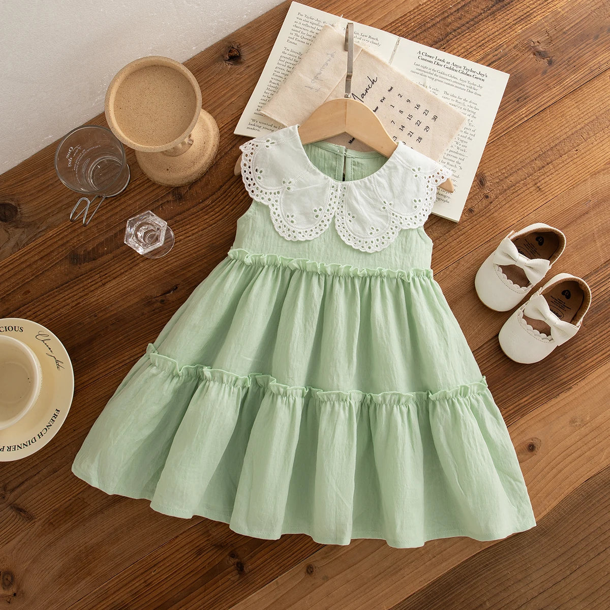 Summer New Solid Color Lace Trim Doll Neck Gentle Baby Dresses Cute Casual Baby Girl's Girl Princess Dresses