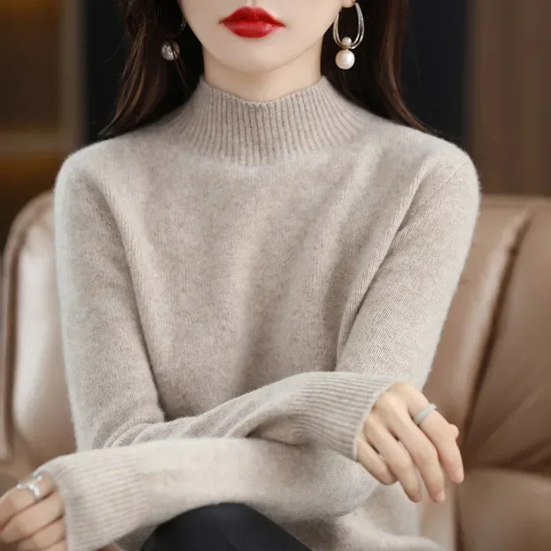 Women's Knitwear Autumn Winter Sweater Korean Basic Solid Long Sleeve Pullovers Warm Bottoming Shirts Half High Collar Black Red