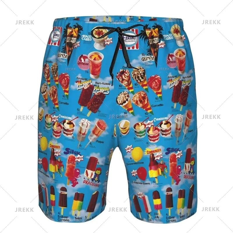 Ice Cream Poster Beach Shorts Men Kids Hot Sale Summer Popsicle Pattern Swimming Trunks Cool Street Oversized Short Pants