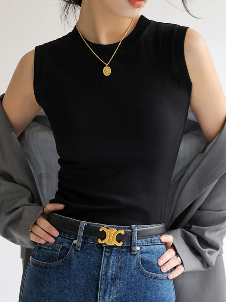 Women Autumn Korea Knit Tight Tank Tops Solid Office Wear Brown Sweater Top Vest Ribbed Ladies  Basic comfortable Camisole 2025